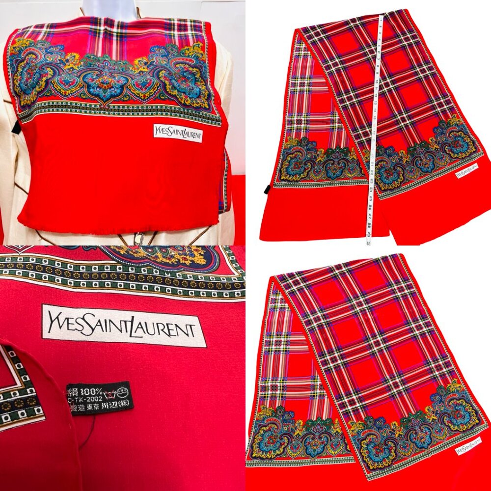 Beautiful Yves Saint Laurent YSL  Silk Satin Scarf 60"x15" Red Green Fringe (22 - Picture 11 of 14